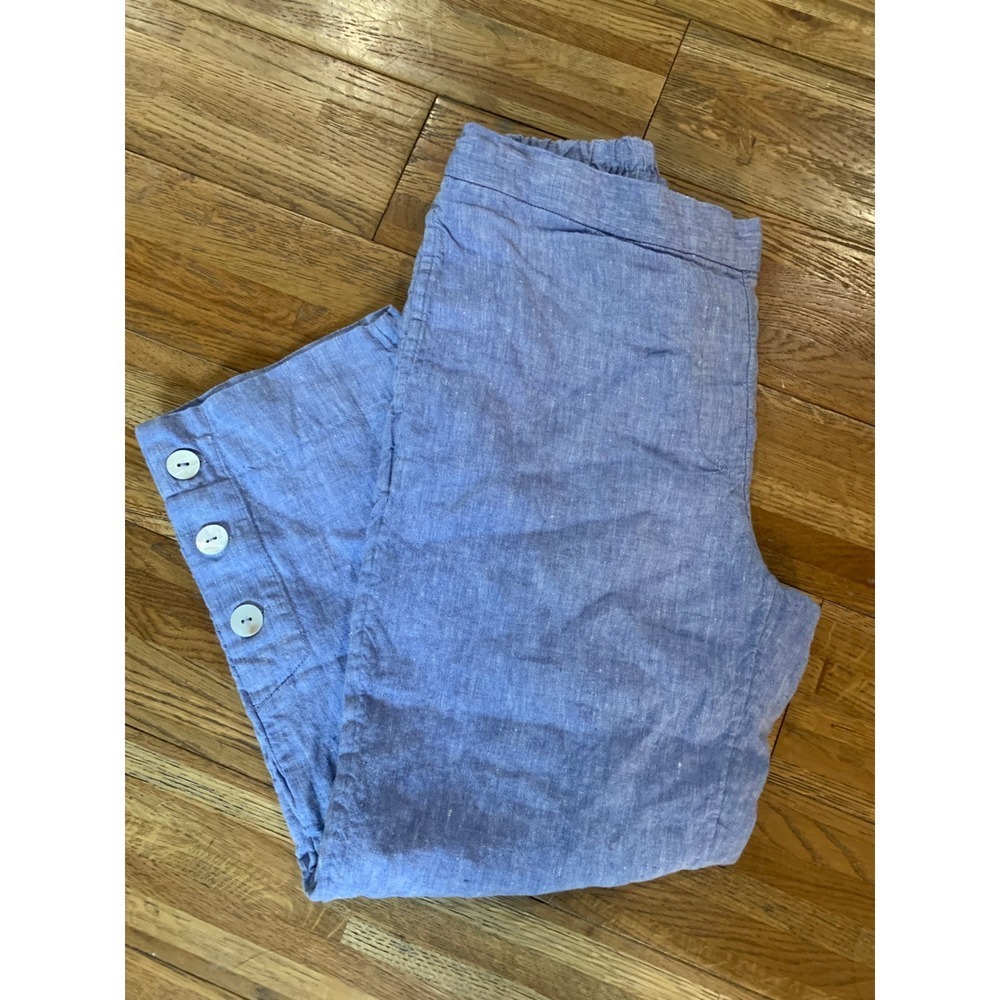 Chicos Linen Cropped Pants Blue Button Hem Casual Minimalist Size 00 US 2 Retro
